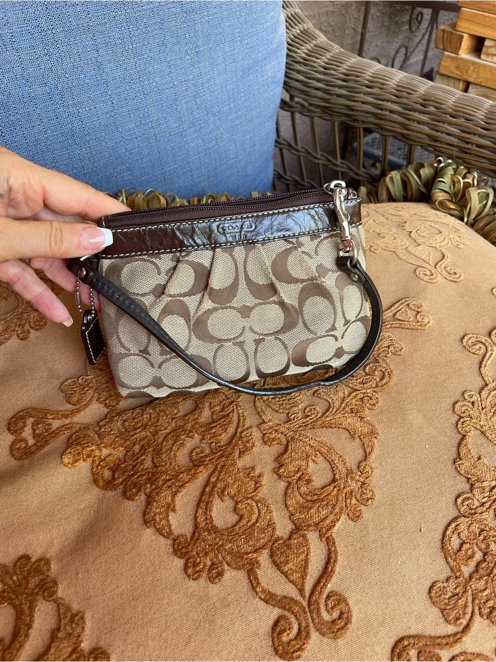 Coach Khaki and Brown Signature Canvas Wristlet